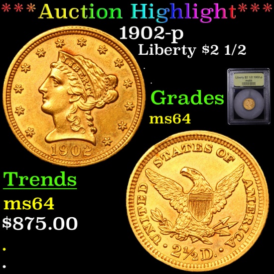 ***Auction Highlight*** 1902-p Gold Liberty Quarter Eagle $2 1/2 Graded Choice Unc By USCG (fc)