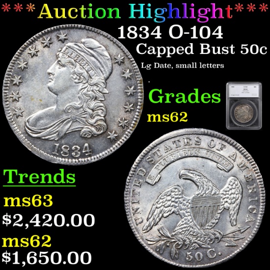 ***Auction Highlight*** 1834 O-104 Capped Bust Half Dollar 50c Graded ms62 By SEGS (fc)