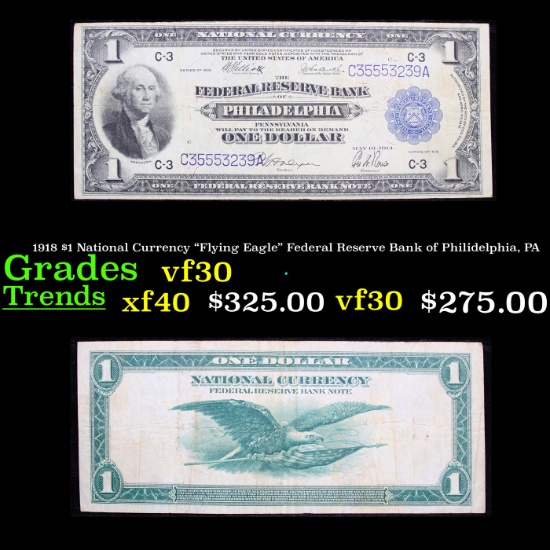 1918 $1 National Currency "Flying Eagle" Federal Reserve Bank of Philidelphia, PA Grades vf++