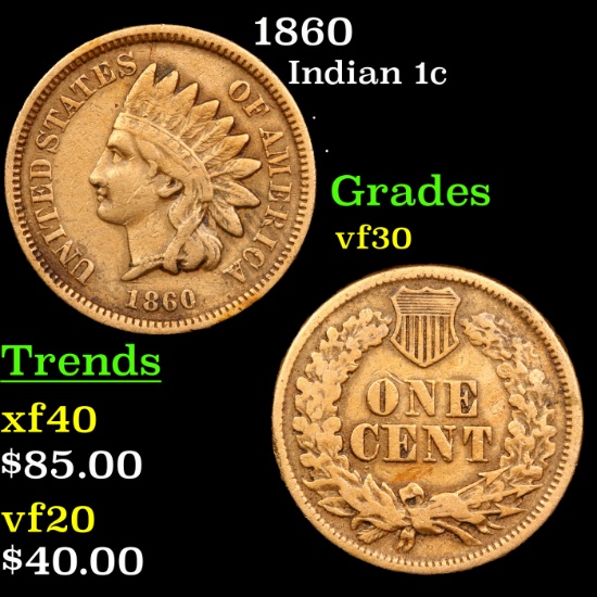 1860 Indian Cent 1c Graded vf++