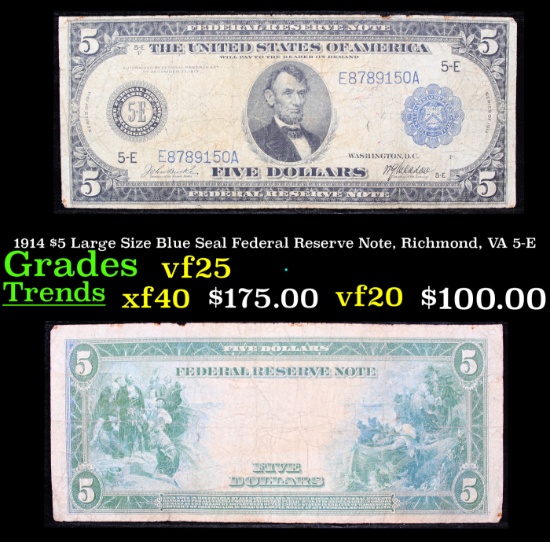 1914 $5 Large Size Blue Seal Federal Reserve Note, Richmond, VA  5-E Grades vf+