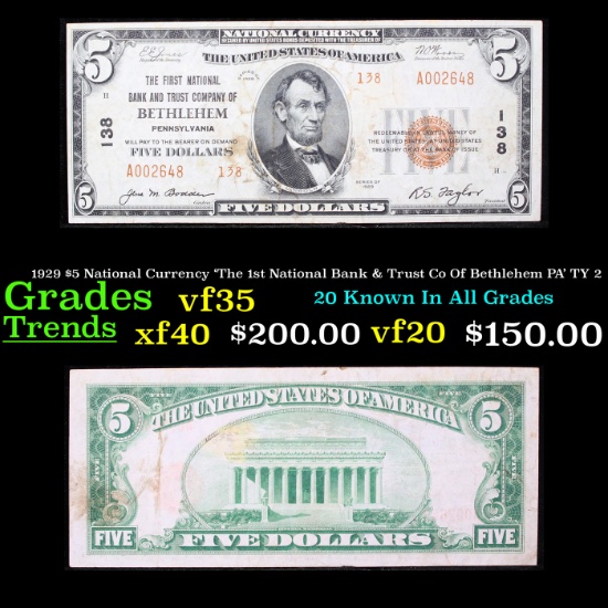 1929 $5 National Currency 'The 1st National Bank & Trust Co Of Bethlehem PA' TY 2 Grades vf++