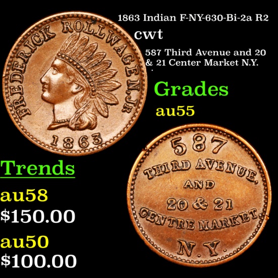 1863 Indian F-NY-630-Bi-2a R2 Civil War Token 1c Graded Choice AU