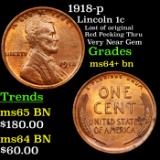 1918-p Lincoln Cent 1c Graded Choice+ Unc BN