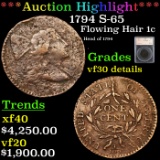 ***Auction Highlight*** 1794 S-65 Flowing Hair large cent 1c Graded vf30 details By SEGS (fc)