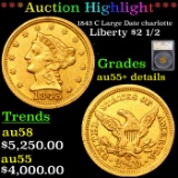 ***Auction Highlight*** 1843 C Large Date charlotte Gold Liberty Quarter Eagle $2 1/2 Graded au55+ d