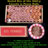 Box of 50 Rolls of 2003-p Gem Unc Lincoln Cents 1c, 50 Coins Each 2500 Coins total