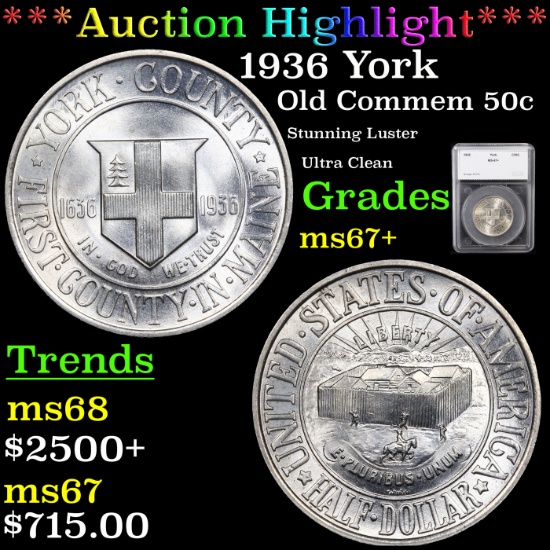 ***Auction Highlight*** 1936 York Old Commem Half Dollar 50c Graded ms67+ By SEGS (fc)