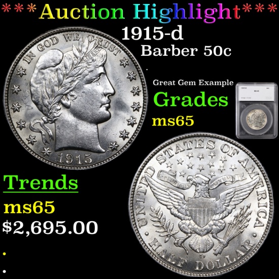 ***Auction Highlight*** 1915-d Barber Half Dollars 50c Graded ms65 By SEGS (fc)