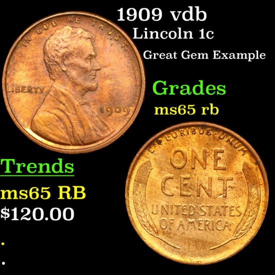 1909 vdb Lincoln Cent 1c Grades GEM Unc RB