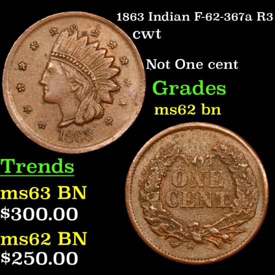 1863 Indian F-62-367a R3 Civil War Token 1c Grades Select Unc BN