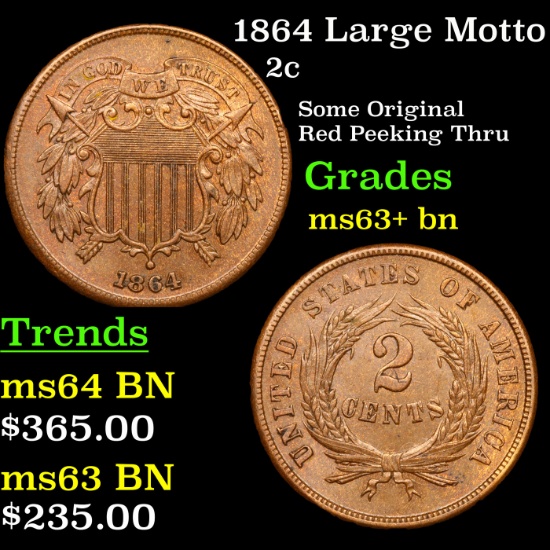 1864 Large Motto Two Cent Piece 2c Grades Select+ Unc BN