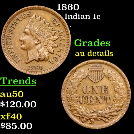1860 Indian Cent 1c Grades AU Details