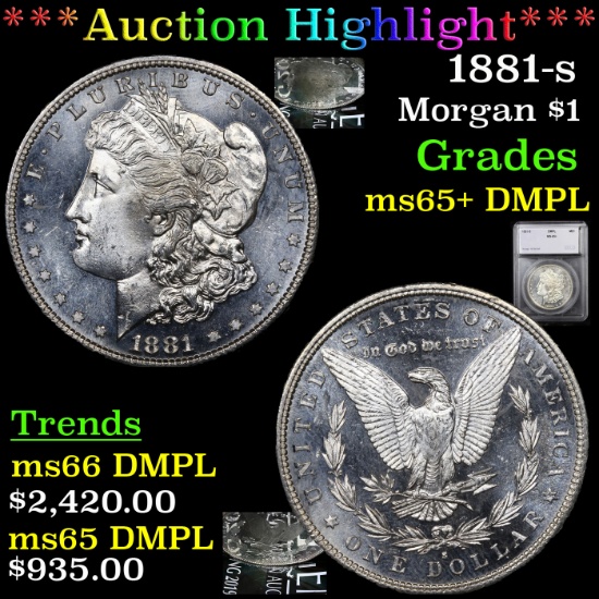 ***Auction Highlight*** 1881-s Morgan Dollar $1 Graded ms65+ DMPL By SEGS (fc)