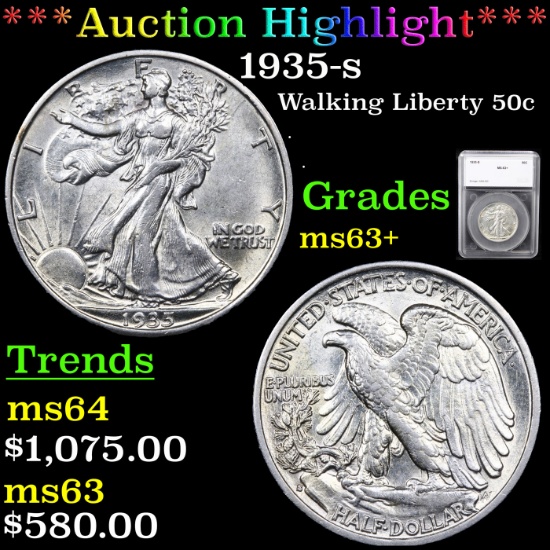 ***Auction Highlight*** 1935-s Walking Liberty Half Dollar 50c Graded ms63+ By SEGS (fc)
