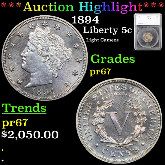 Proof ***Auction Highlight*** 1894 Liberty Nickel 5c Graded pr67 By SEGS (fc)