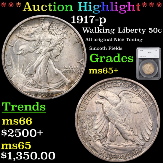 ***Auction Highlight*** 1917-p Walking Liberty Half Dollar 50c Graded ms65+ By SEGS (fc)