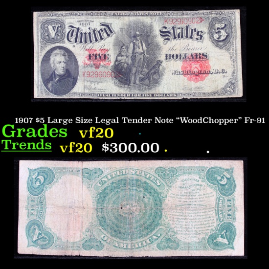 1907 $5 Large Size Legal Tender Note "WoodChopper" Fr-91 Grades vf, very fine