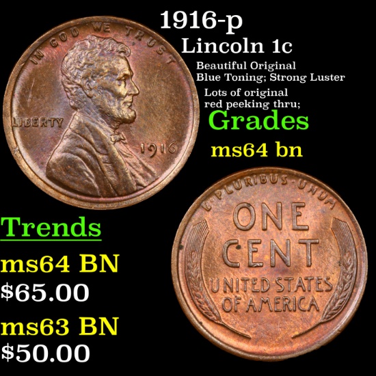 1916-p Lincoln Cent 1c Grades Choice Unc BN