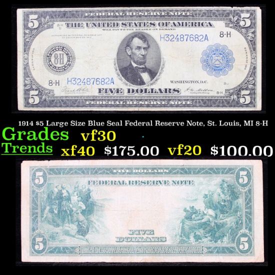 1914 $5 Large Size Blue Seal Federal Reserve Note, St. Louis, MI 8-H Grades vf++
