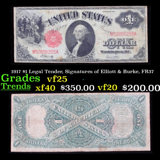 1917 $1 Legal Tender, Signatures of Elliott & Burke, FR37  Grades vf+