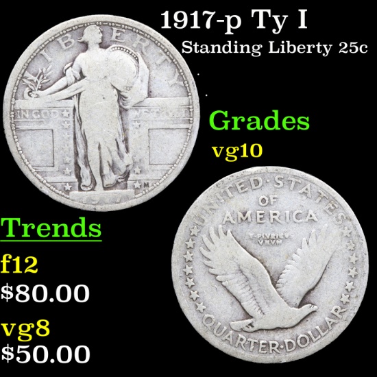 1917-p Ty I Standing Liberty Quarter 25c Grades vg+