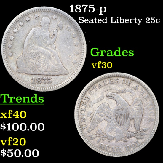 1875-p Seated Liberty Quarter 25c Grades vf++