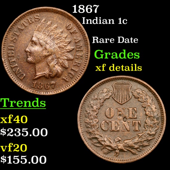 1867 Indian Cent 1c Grades xf details