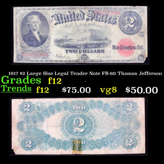 1917 $2 Large Size Legal Tender Note FR-60 Thomas Jefferson Grades f, fine