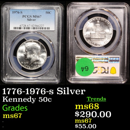 PCGS 1776-1976-s Silver Kennedy Half Dollar 50c Graded ms67 By PCGS