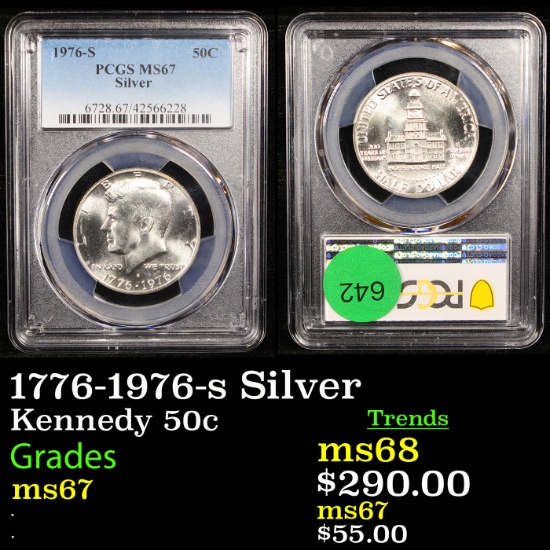 1776-1976-s Silver Kennedy Half Dollar 50c Graded ms67 By PCGS