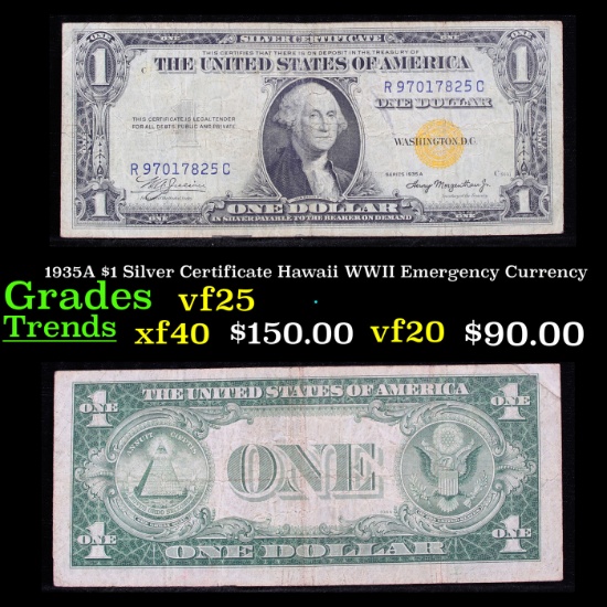 1935A $1 Silver Certificate Hawaii WWII Emergency Currency Grades vf+