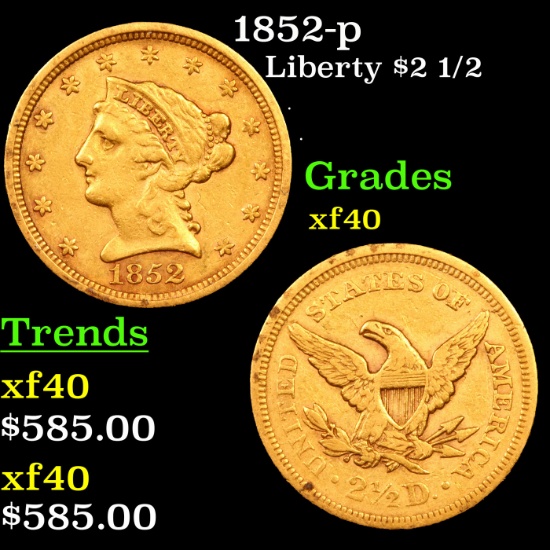 1852-p Gold Liberty Quarter Eagle $2 1/2 Grades xf