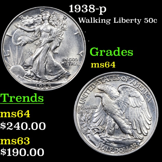 1938-p Walking Liberty Half Dollar 50c Grades Choice Unc