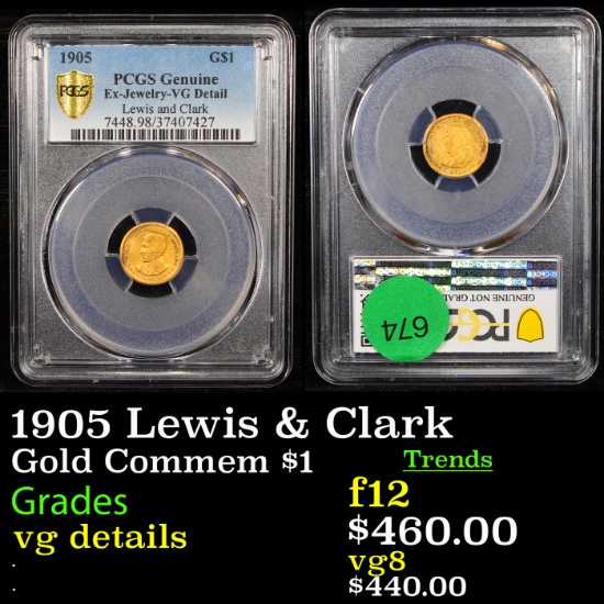 1905 Lewis & Clark Gold Commem Dollar 1 Graded vg details By PCGS