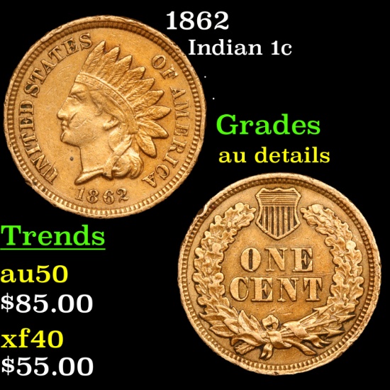 1862 Indian Cent 1c Grades AU Details