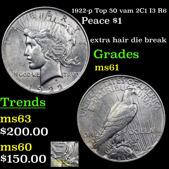 1922-p Top 50 vam 2C1 I3 R6 Peace Dollar $1 Grades BU+