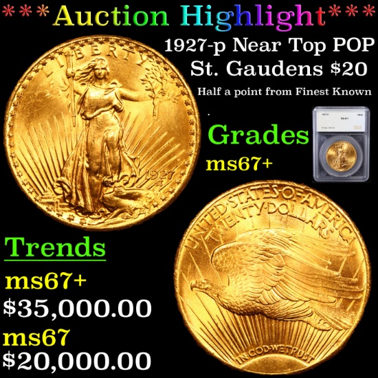 ***Auction Highlight*** 1927-p Near Top POP Gold St. Gaudens Double Eagle $20 Graded ms67+ By SEGS (