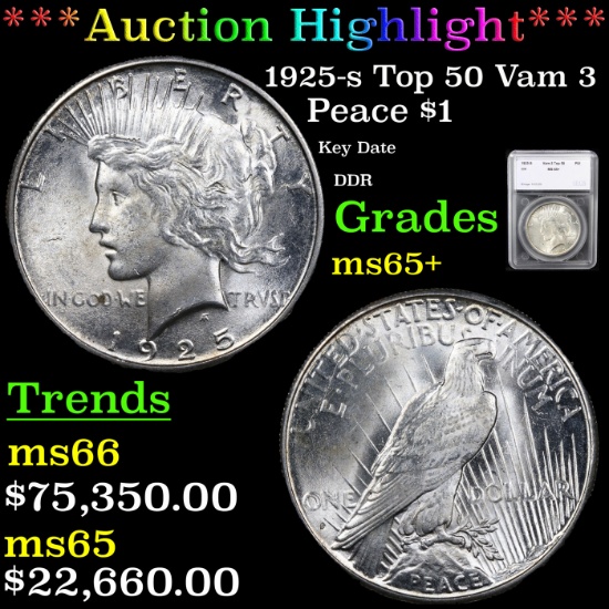 ***Auction Highlight*** 1925-s Top 50 Vam 3 Peace Dollar $1 Graded ms65+ By SEGS (fc)