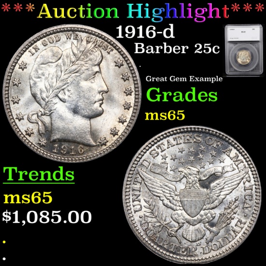 ***Auction Highlight*** 1916-d Barber Quarter 25c Graded ms65 By SEGS (fc)
