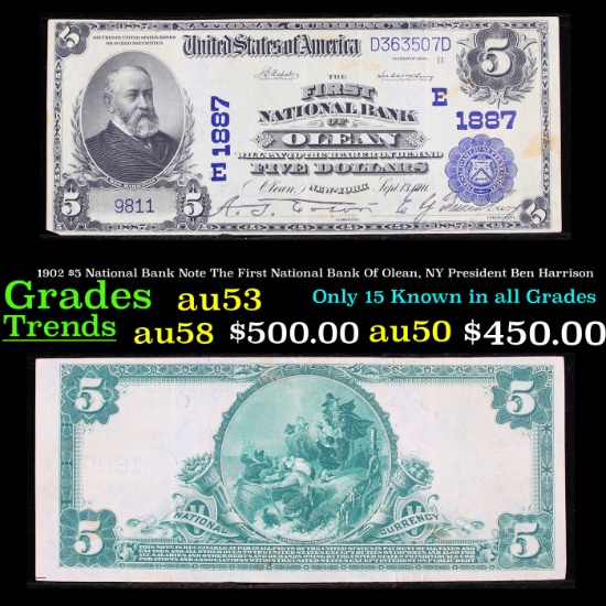 1902 $5 National Bank Note The First National Bank Of Olean, NY President Ben Harrison Grades Select