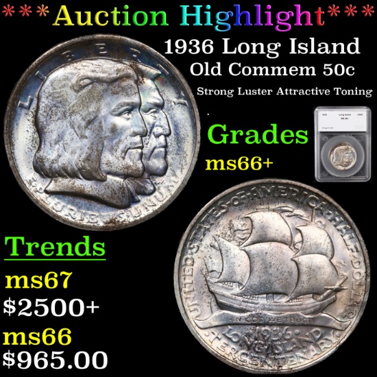 ***Auction Highlight*** 1936 Long Island Old Commem Half Dollar 50c Graded ms66+ By SEGS (fc)