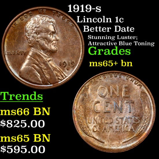 1919-s Lincoln Cent 1c Grades GEM+ Unc BN