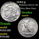 1942-p Walking Liberty Half Dollar 50c Grades Choice+ Unc