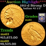 ***Auction Highlight*** 1911-d Strong D Gold Indian Quarter Eagle $2 1/2 Graded BU+ By USCG (fc)