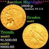 ***Auction Highlight*** 1909-p Gold Indian Quarter Eagle $2 1/2 Grades Select Unc (fc)