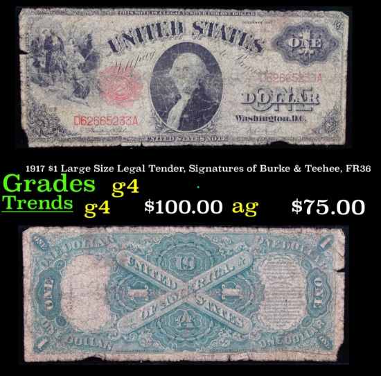 1917 $1 Large Size Legal Tender, Signatures of Burke & Teehee, FR36 Grades g, good
