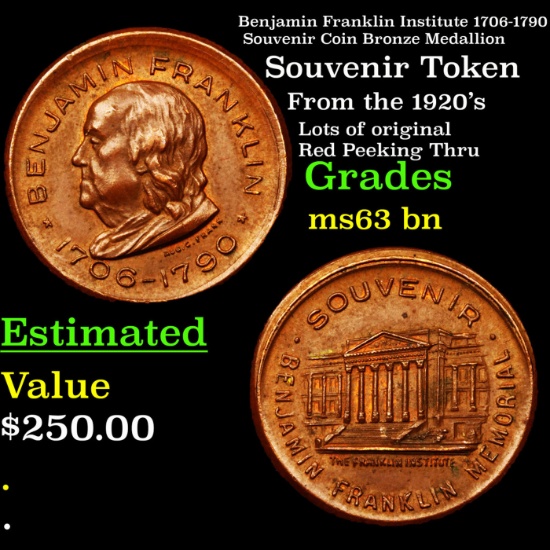 Benjamin Franklin Institute 1706-1790 Souvenir Coin Bronze Medallion Grades Select Unc BN