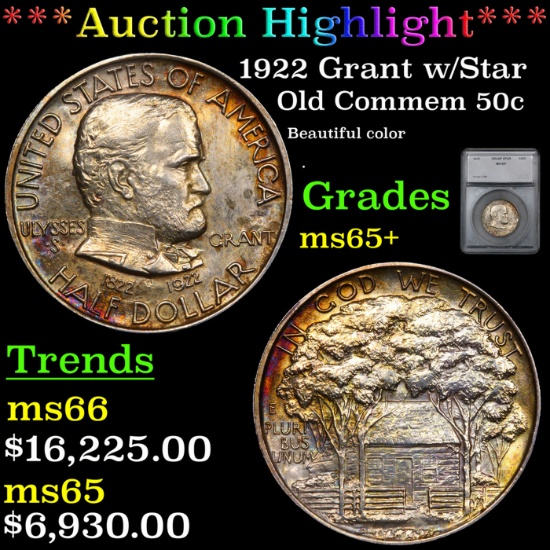 ***Auction Highlight*** 1922 Grant w/Star Old Commem Half Dollar 50c Graded ms65+ By SEGS (fc)
