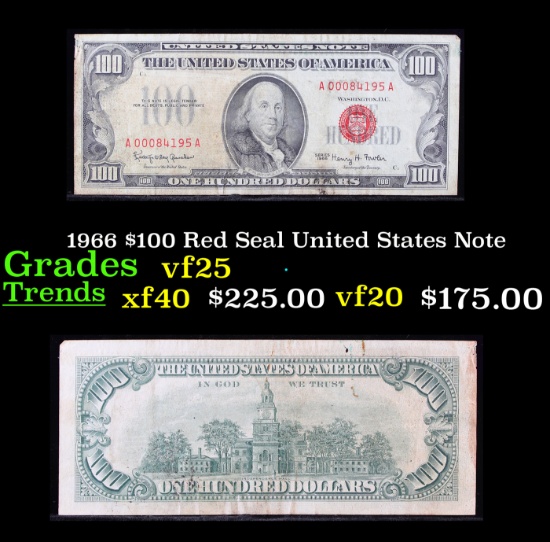1966 $100 Red Seal United States Note Grades vf+